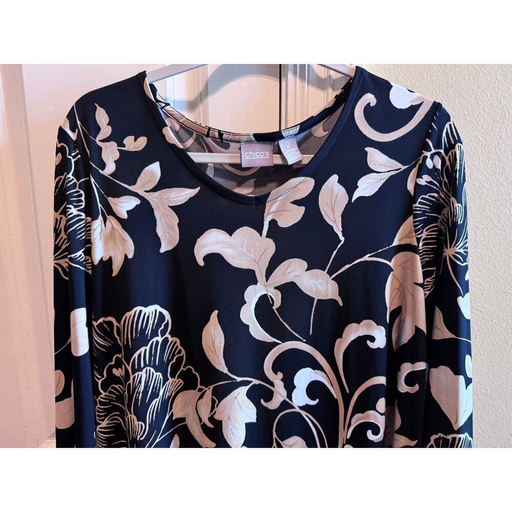 Chico's Women's Black Cream Tan Floral Julia 3/4 Sleeve Blouse Sz 2 - Picture 2 of 9